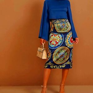 SOLID BELL SLEEVE TOP & SATIN TRIBAL SKIRT